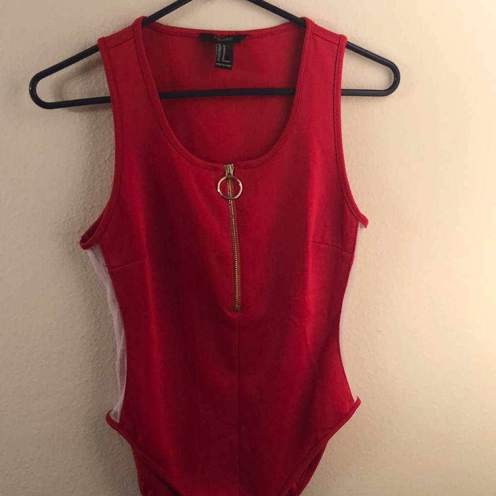 Red zip down body suit